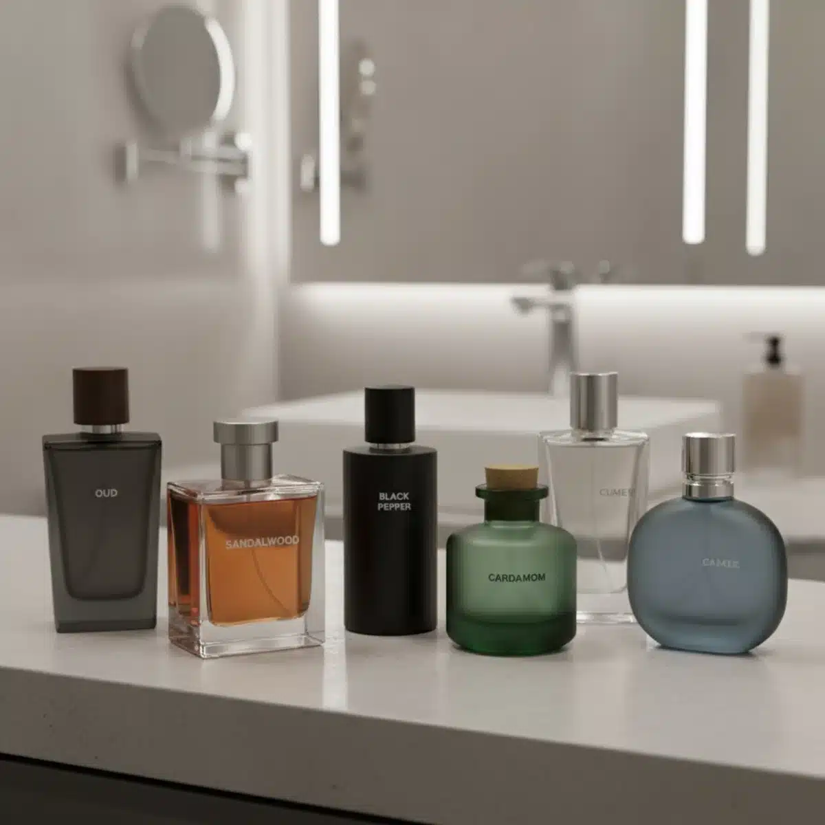 Colección de frascos de perfumes para hombre con notas amaderadas y especiadas.