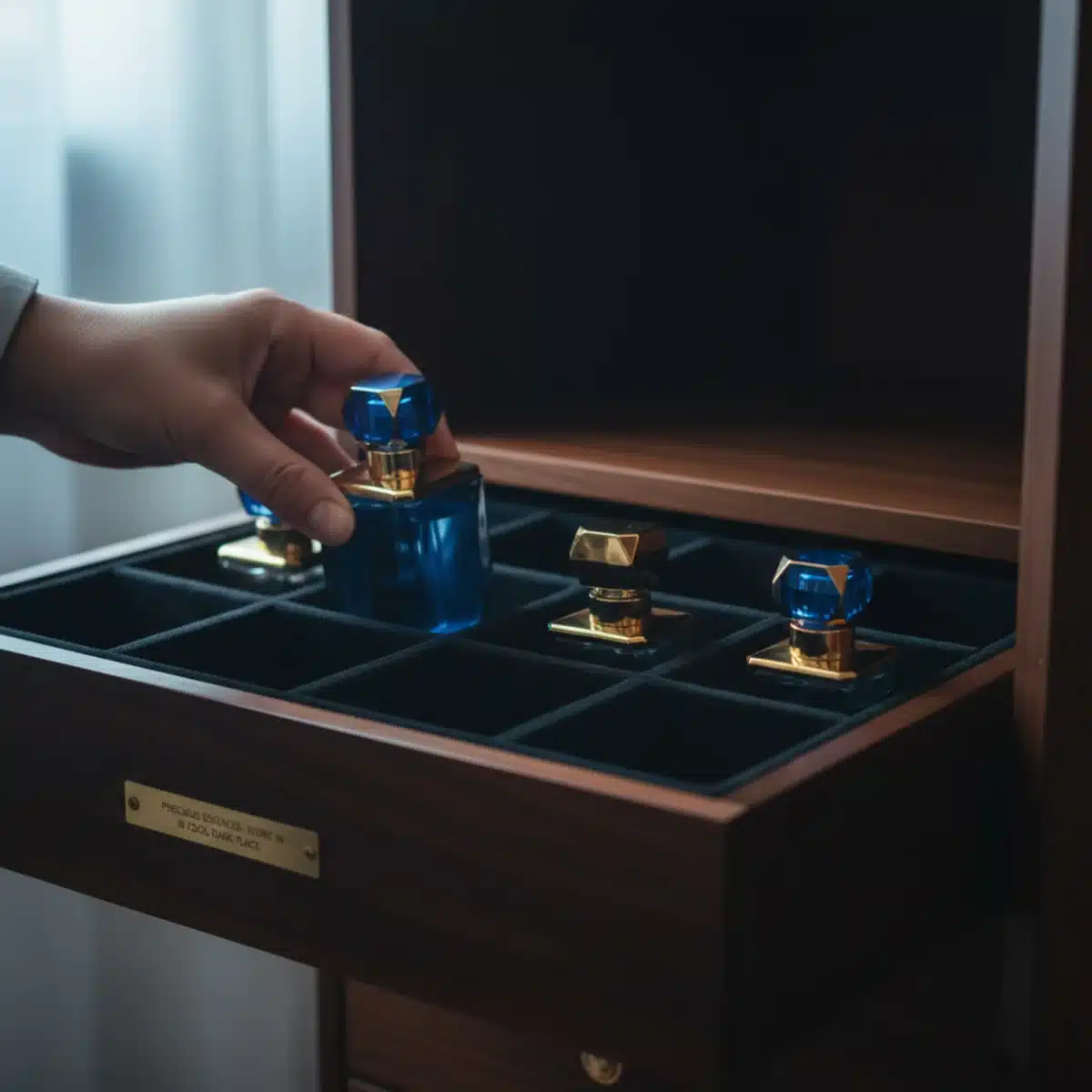 Mano colocando una botella de perfume dentro de un cajón oscuro y fresco, lejos de la luz solar directa, ilustrando el almacenamiento ideal.