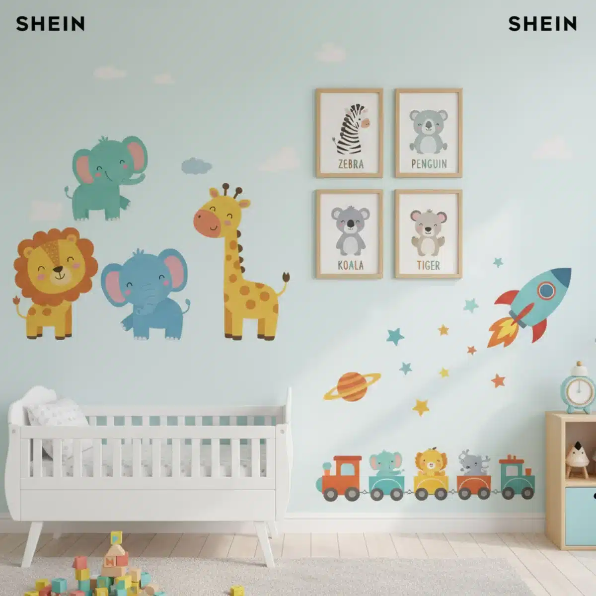 Pared de habitación infantil decorada con vinilos y cuadros de SHEIN