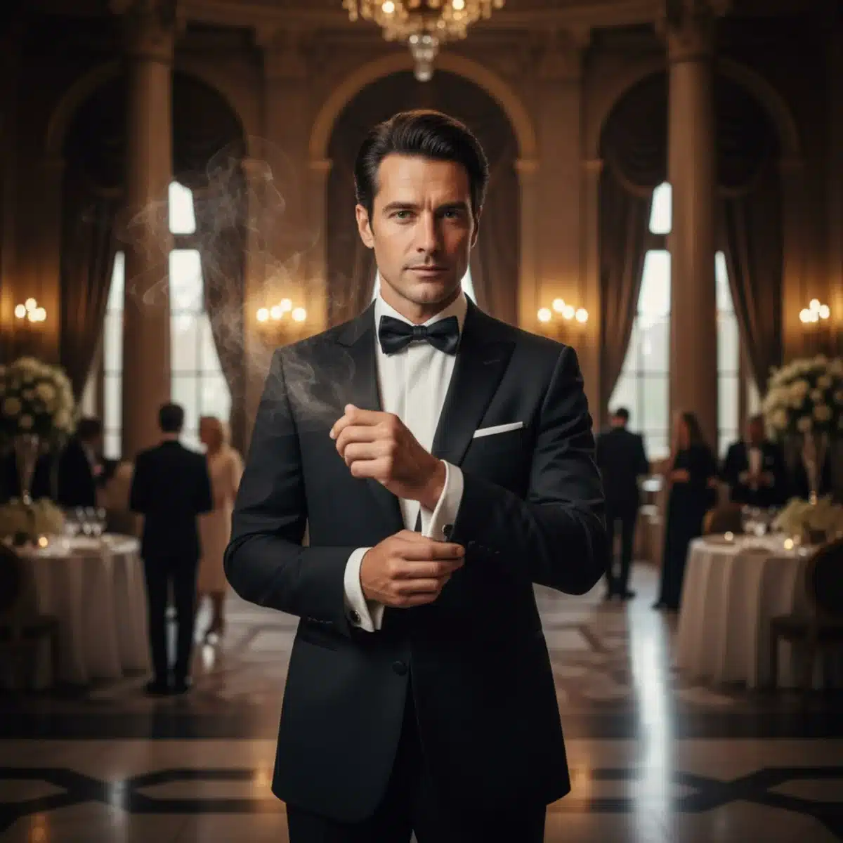 Hombre con esmoquin en un evento de gala, proyectando elegancia y confianza con su fragancia.