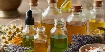 Ingredientes y herramientas para hacer perfume casero con aceites esenciales.