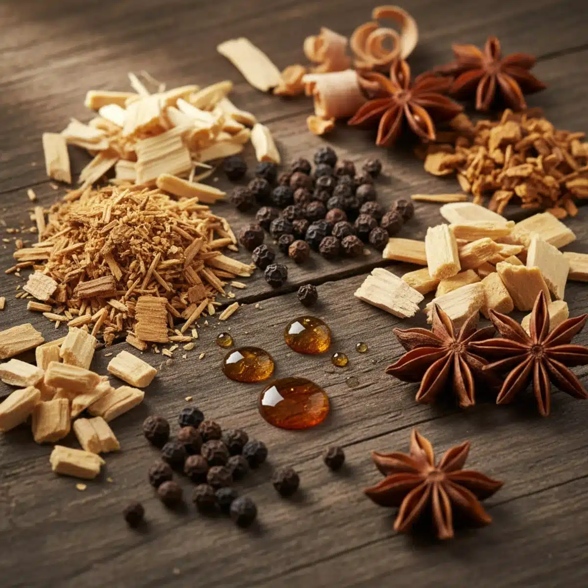 Ingredientes naturales para perfumes: maderas y especias exóticas.