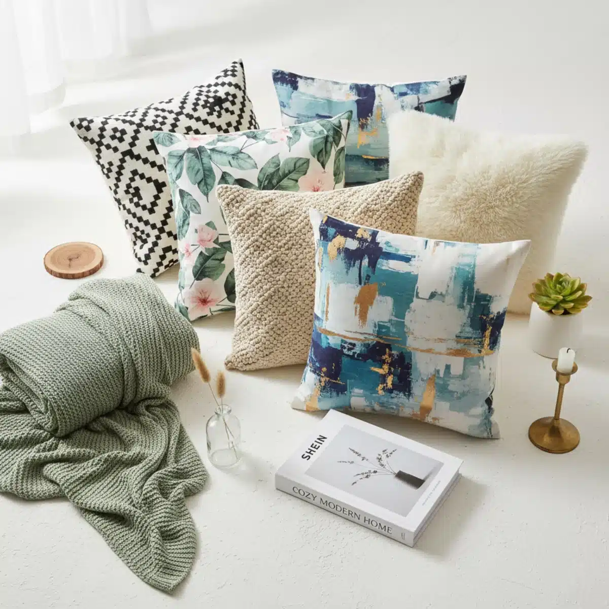 Tablero de inspiración con fundas de cojín de SHEIN y elementos decorativos para el hogar.