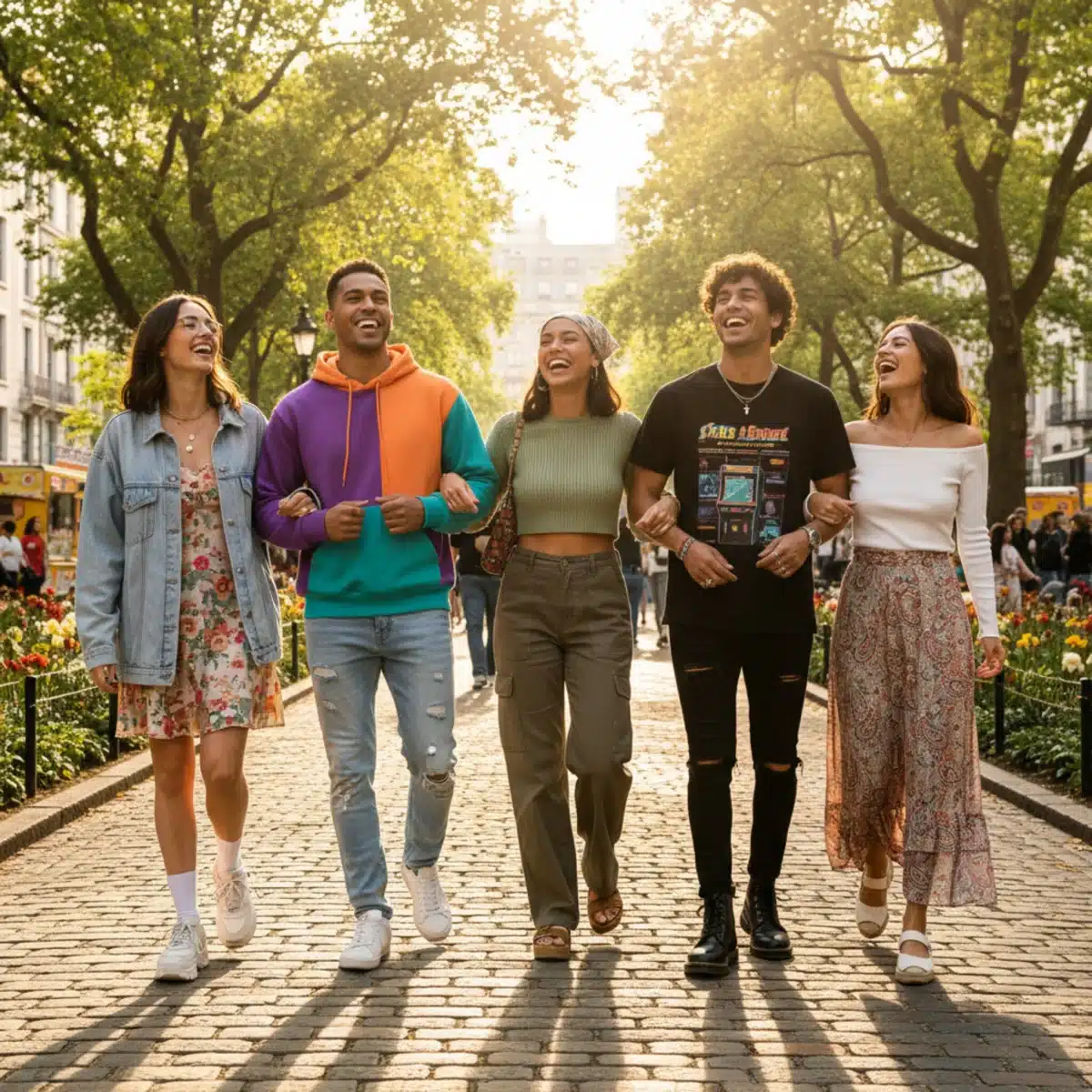 Grupo de jóvenes riendo y paseando al aire libre, cada uno con un look casual diferente de SHEIN, mostrando diversidad de estilos y comodidad.