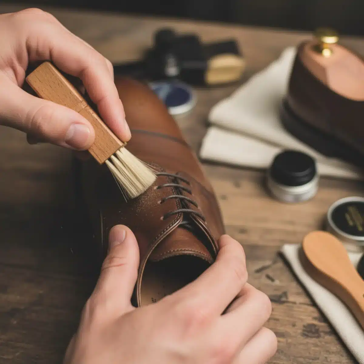 Persona limpiando cuidadosamente un zapato de cuero con un cepillo suave.