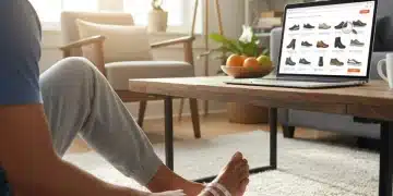 Mujer midiendo su pie para comprar calzado online, con un portátil de fondo.