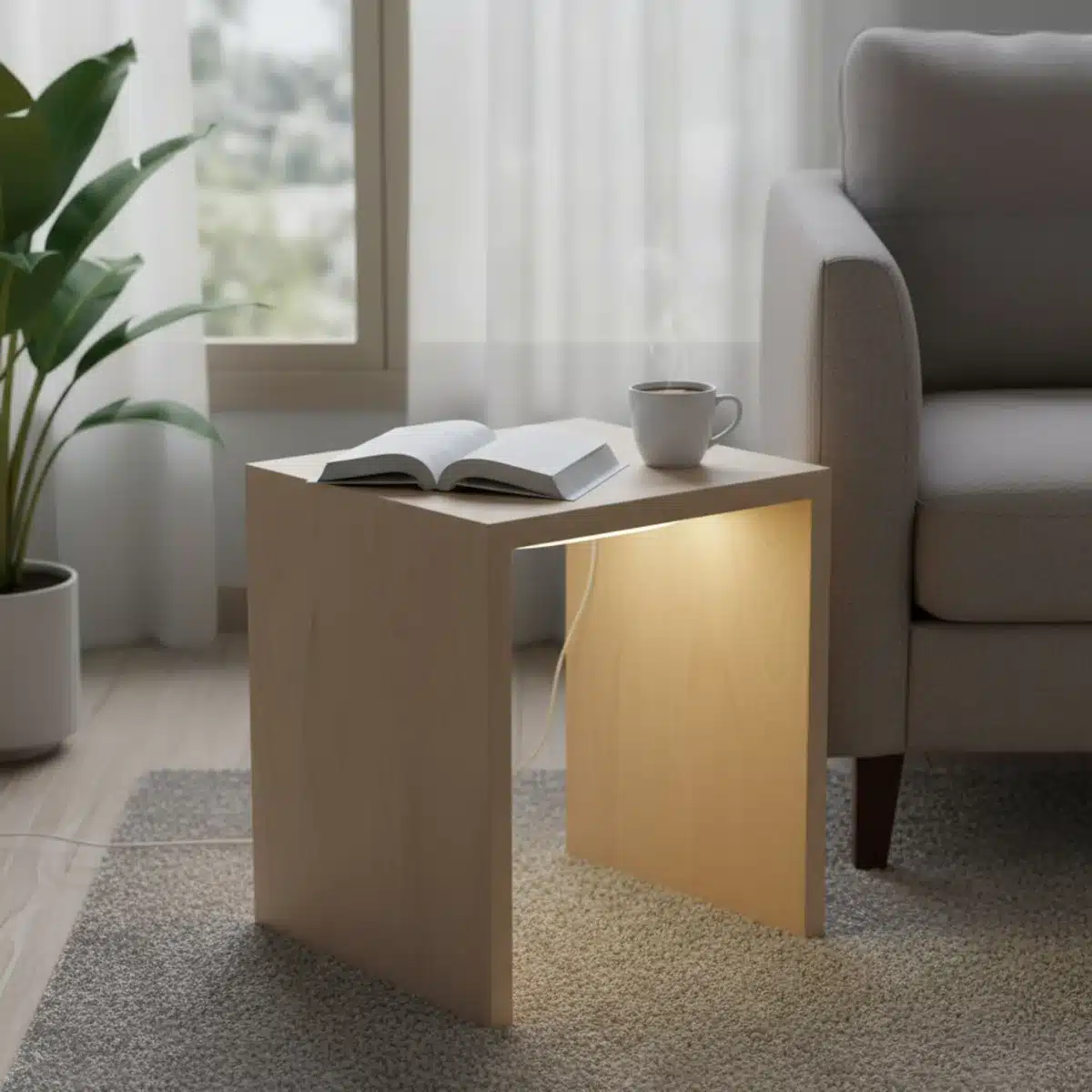 Mesa auxiliar con libro, taza de café y luz LED, complementos funcionales para tu espacio de lectura SHEIN.