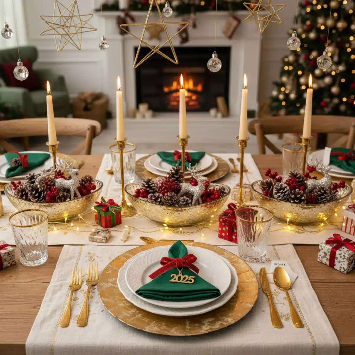 Mesa de comedor festiva para Navidad 2025 decorada con elementos de SHEIN, incluyendo centro de mesa, velas y vajilla temática.