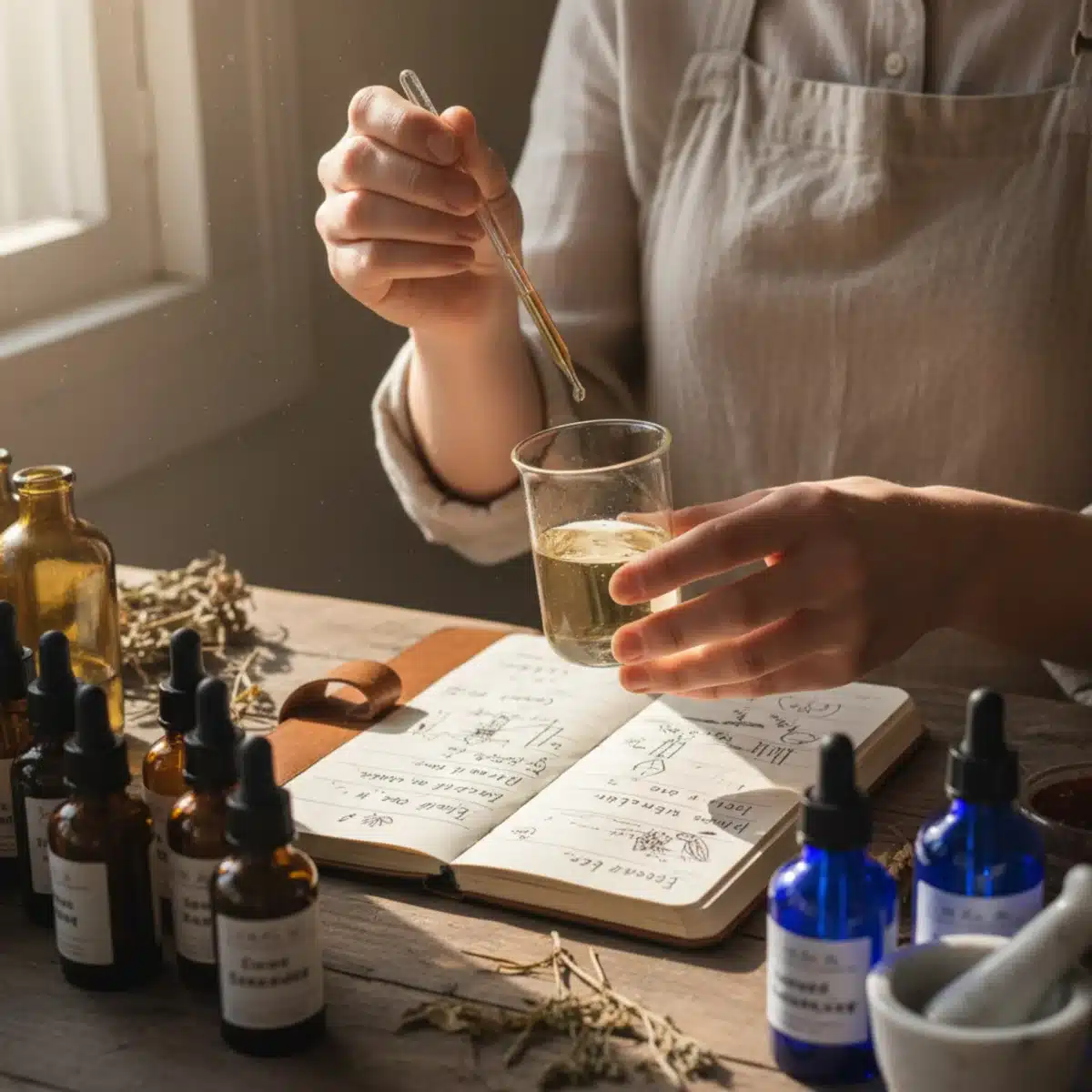 Manos mezclando aceites esenciales para crear una fragancia personalizada.