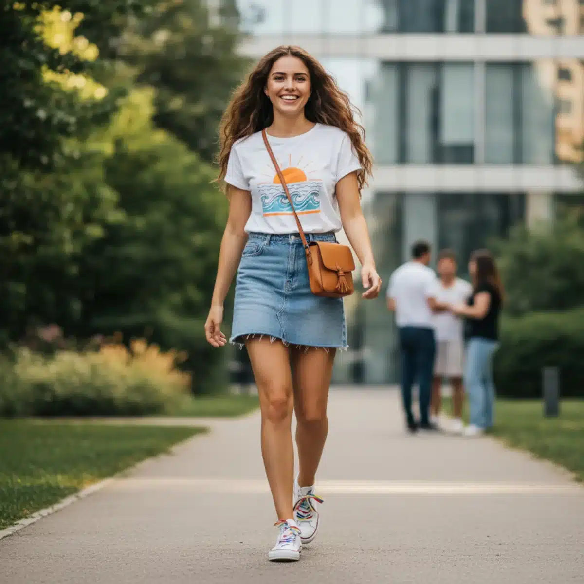 Joven con minifalda denim SHEIN, camiseta gráfica y zapatillas para un look casual.