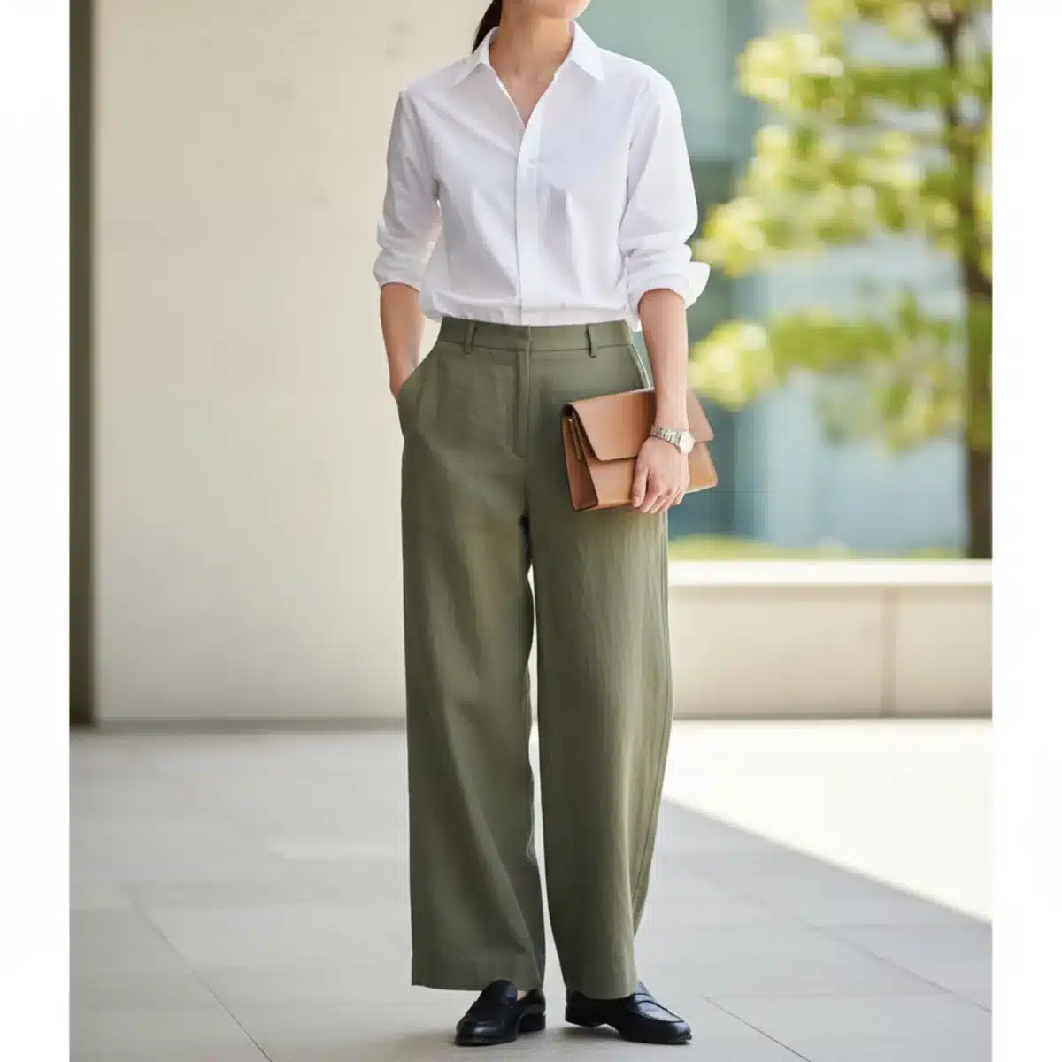 Mocasines con pantalones anchos y camisa blanca para un estilo elegante.