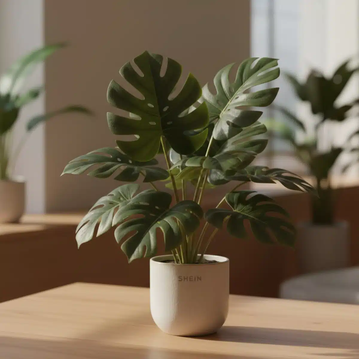Detalle de una planta monstera artificial de SHEIN con hojas realistas en una maceta elegante.