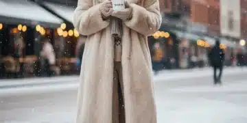 Mujer joven abrigada con un elegante abrigo de invierno de SHEIN en un entorno urbano nevado, mostrando comodidad y estilo.
