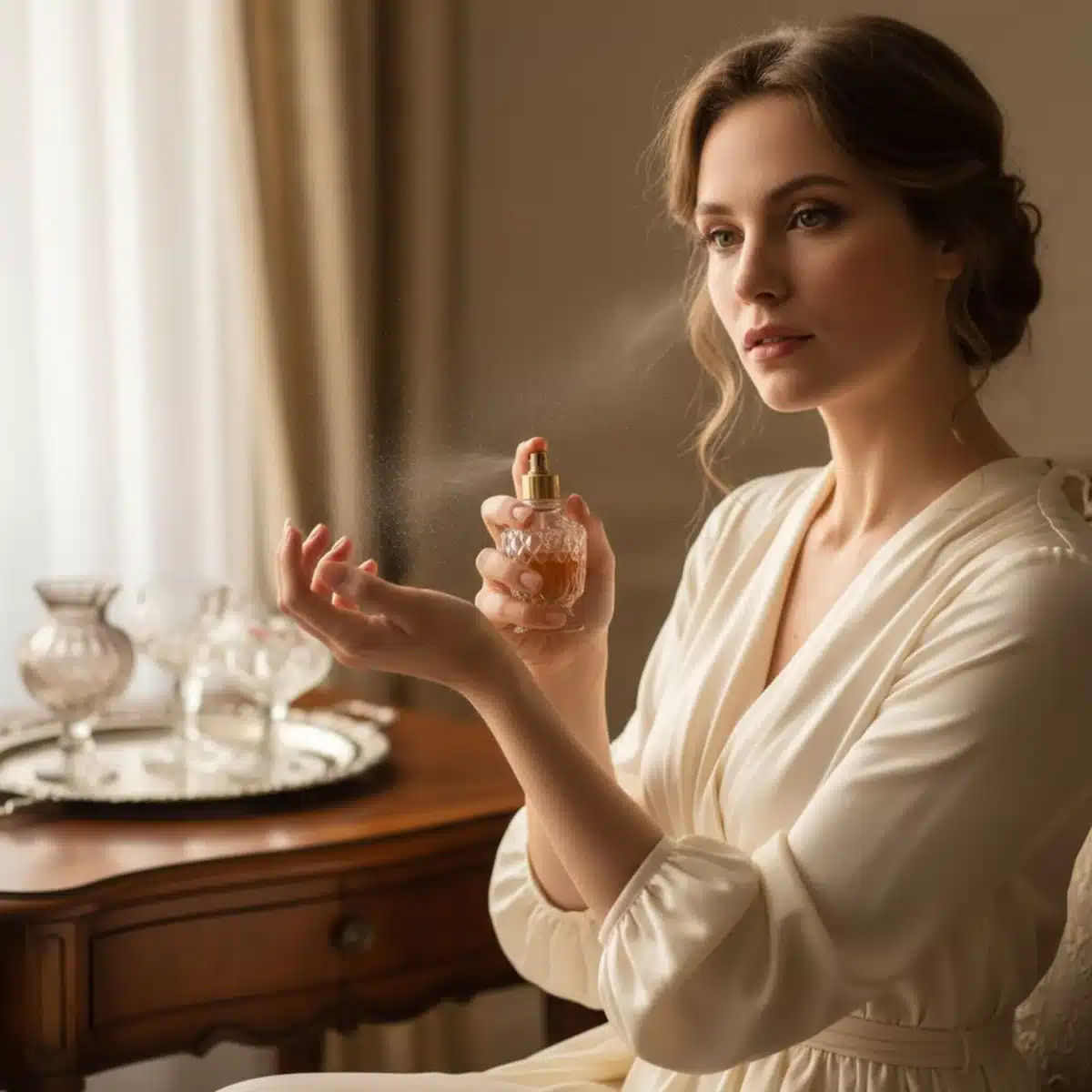 Mujer elegante aplicando perfume de una botella clásica en su muñeca, un gesto de sofisticación.