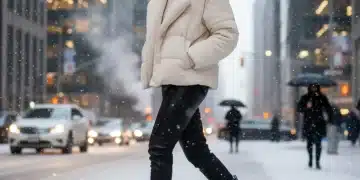 Mujer elegante luciendo botas de caña alta en una calle nevada, un reflejo de las tendencias de calzado invierno 2025 en Estados Unidos.