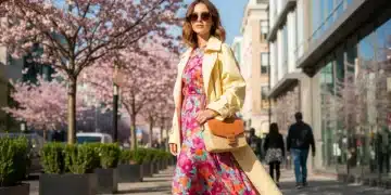 Mujer elegante combinando calzado deportivo con ropa de primavera 2025.