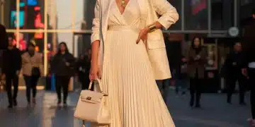 Mujer elegante vistiendo ropa de Shein que aparenta ser de lujo, posando en un entorno urbano con estilo.