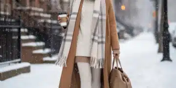 Mujer con look de invierno impecable de SHEIN, combinando capas con estilo en un entorno urbano nevado.