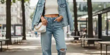 Mujer joven sonriente luciendo un look casual de SHEIN, combinando una camiseta clara con vaqueros cómodos y accesorios modernos, en un entorno urbano.