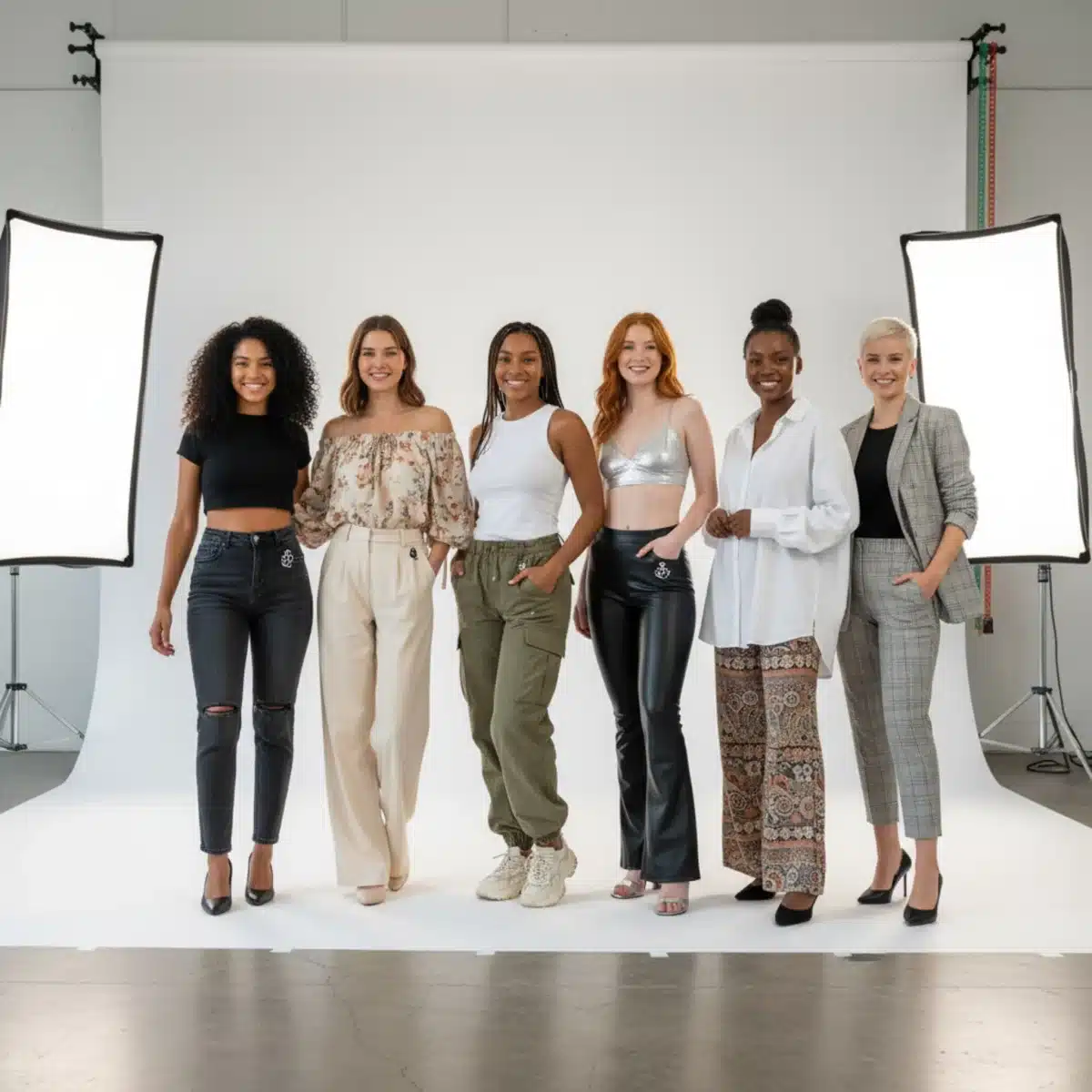 Grupo de mujeres jóvenes con diferentes pantalones SHEIN de moda, posando en un estudio.