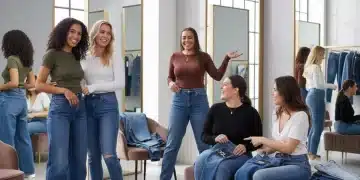 Mujeres probándose vaqueros SHEIN, mostrando diferentes estilos y tallas en un ambiente moderno y luminoso.