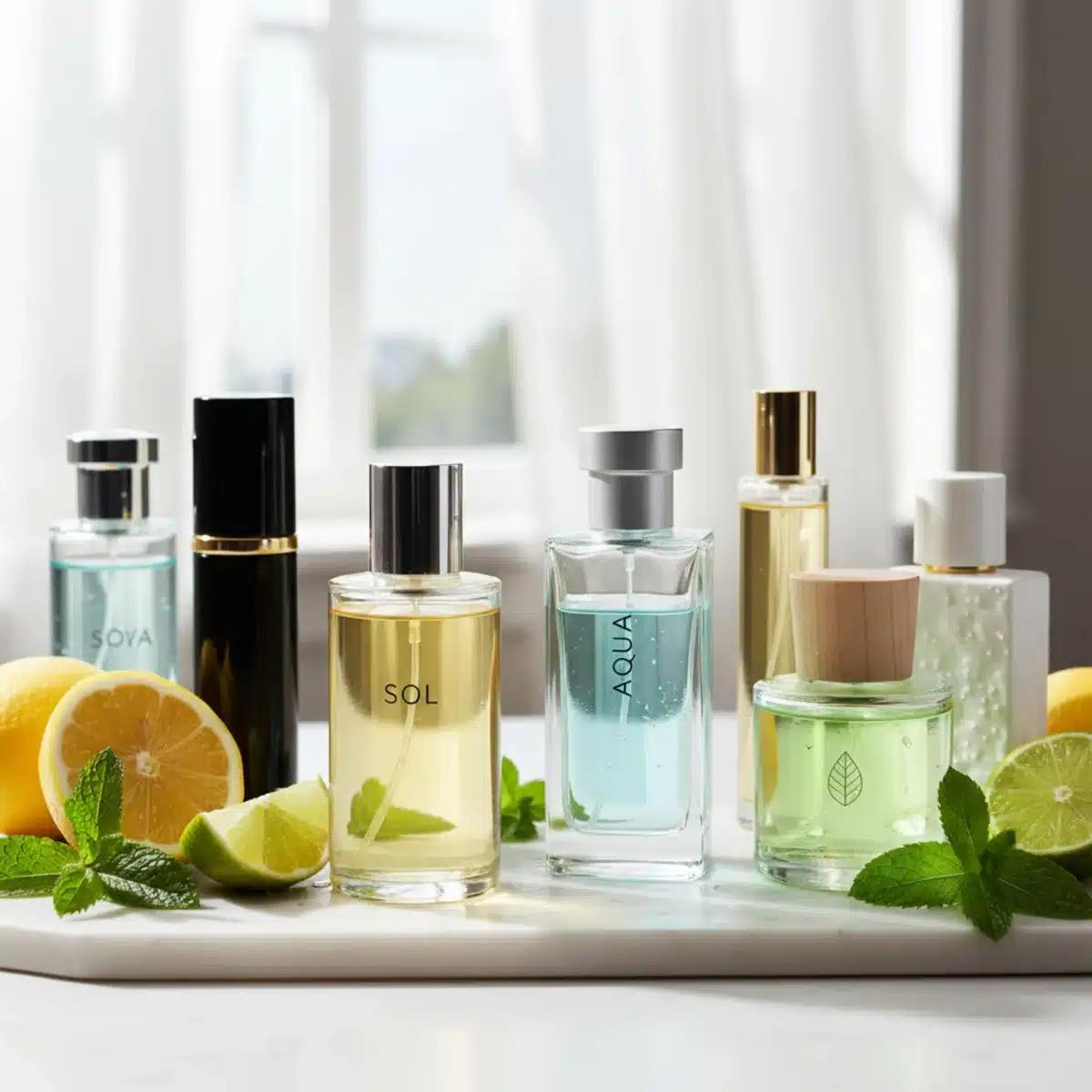Variedad de botellas de perfume veraniego con cítricos y hojas de menta, representando notas frescas.