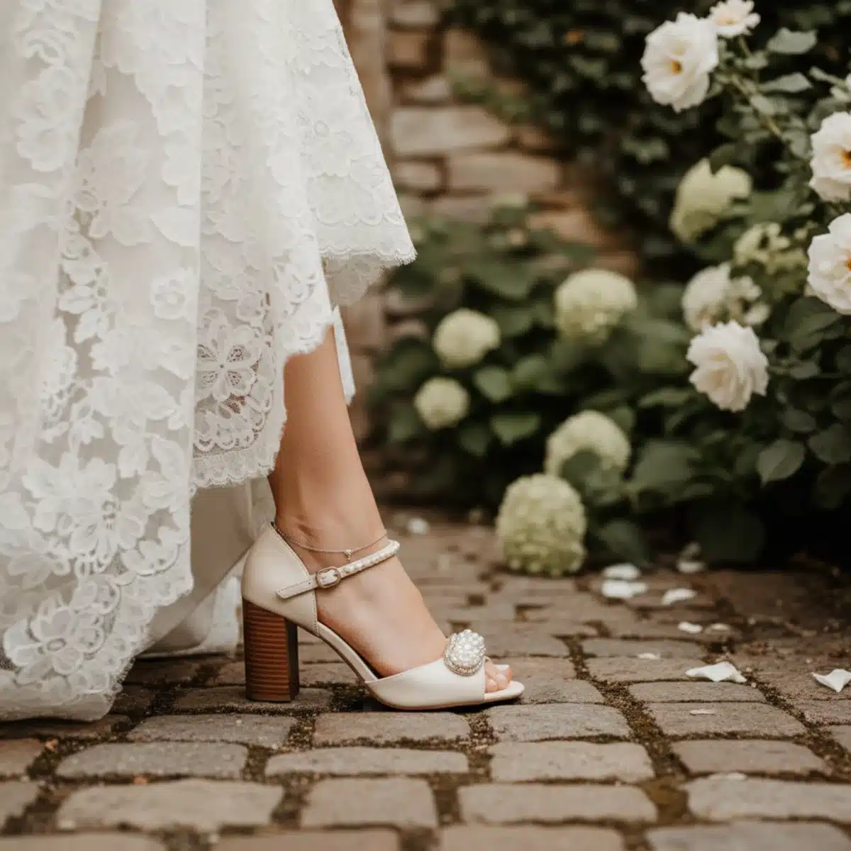 Novia luciendo un zapato de tacón de bloque cómodo y elegante en una boda al aire libre.