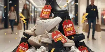 Zapatillas, tacones y botas de marca con etiquetas de descuento en una oferta flash.