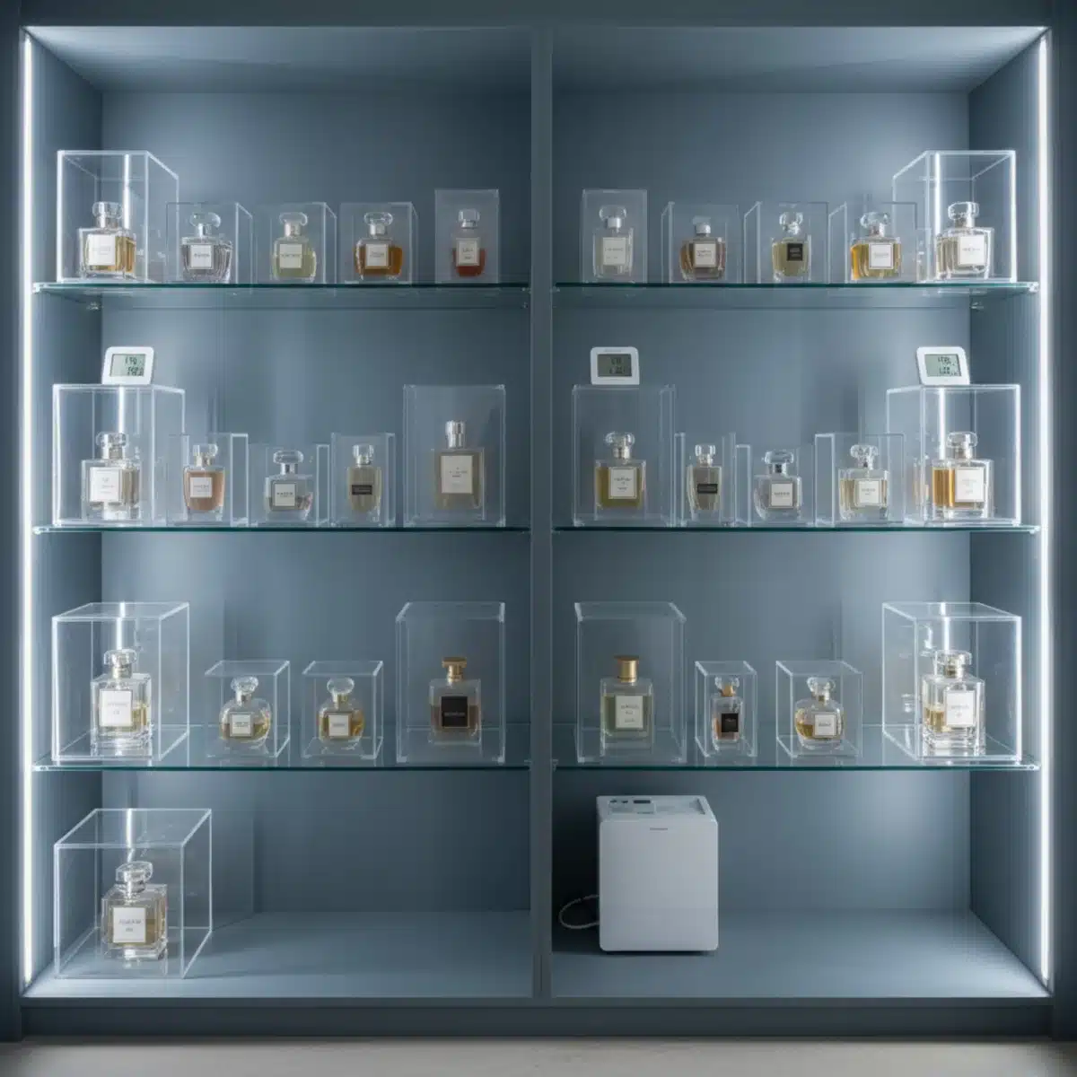 Colección de botellas de perfume organizadas en un armario fresco y seco, protegidas de factores ambientales, mostrando un almacenamiento óptimo.