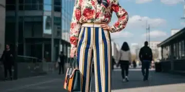 Mujer estilosa con outfit SHEIN vibrante, combinando estampados florales y de rayas en un entorno urbano.