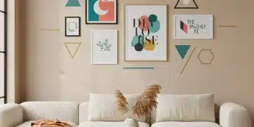 Pared de salón decorada con cuadros y vinilos de SHEIN