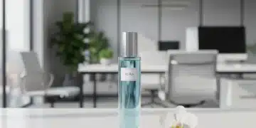 Frasco elegante de perfume fresco en un escritorio de oficina moderno.