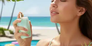 Mujer aplicando perfume fresco en un día soleado de verano en Estados Unidos, con una playa al fondo.