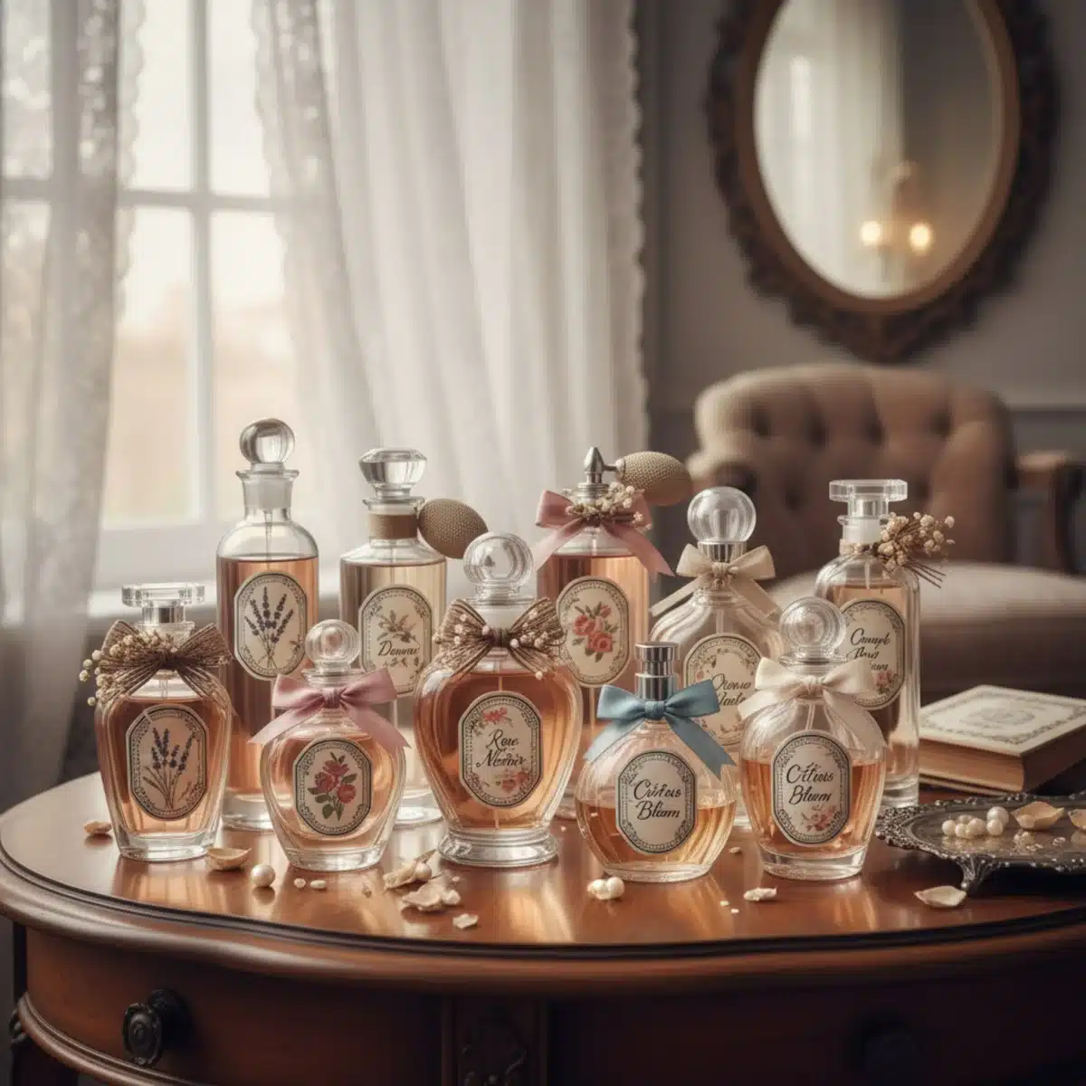 Colección de perfumes caseros terminados en botellas de vidrio elegantes.