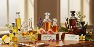 Una elegante composición de frascos de perfume y elementos botánicos, representando las notas olfativas.