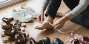 Persona midiendo su pie con una cinta métrica para elegir calzado ancho o estrecho.