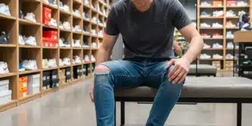 Persona probándose un zapato en una tienda, evaluando la comodidad y el ajuste.