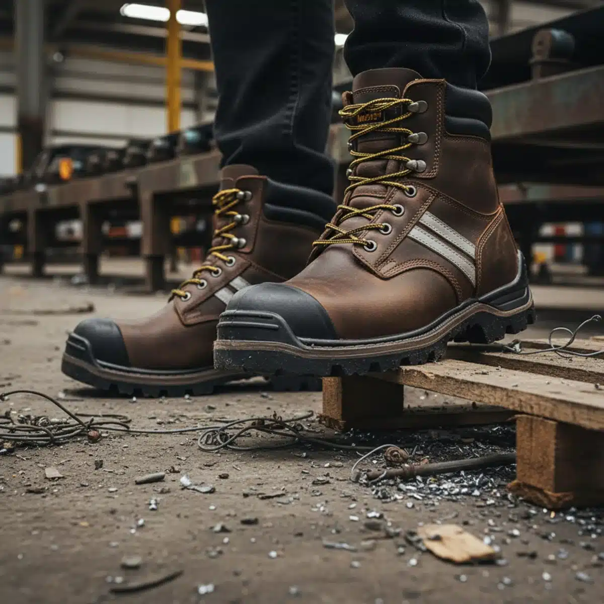 Primer plano de pies de trabajador con botas de seguridad de alta calidad en un suelo industrial con escombros, enfatizando la prevención de accidentes.