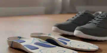 Plantillas ortopédicas personalizadas sobre una superficie de madera, junto a un calzado cómodo, que representan el alivio del dolor de pies.