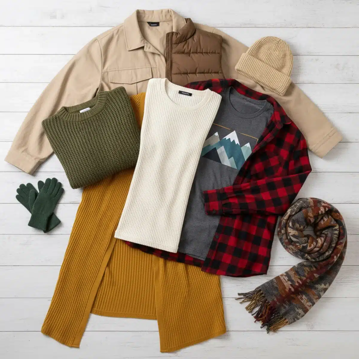 Selección de prendas SHEIN para layering de invierno, mostrando variedad de estilos y texturas.