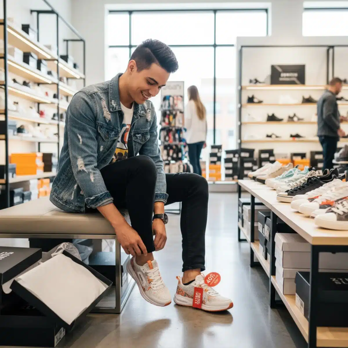 Persona probándose unas zapatillas de marca rebajadas en una zapatería moderna.