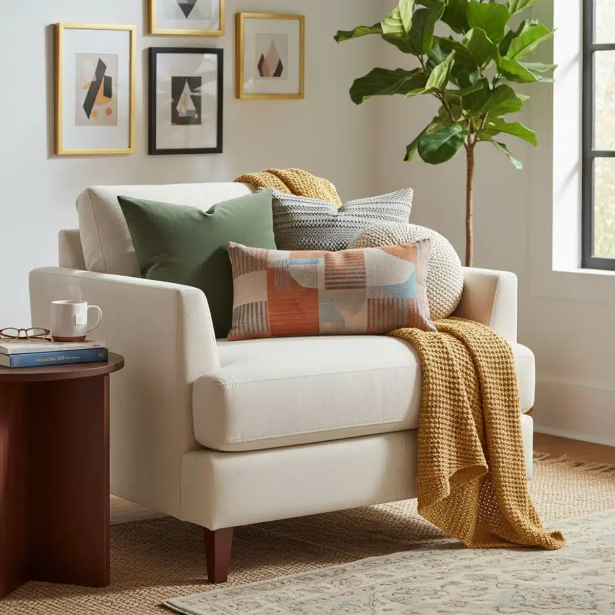 Rincón acogedor con cojines y manta de SHEIN en un sillón