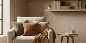 Un rincón de lectura acogedor con productos de SHEIN, incluyendo cojines suaves, una manta cálida y una lámpara de ambiente.
