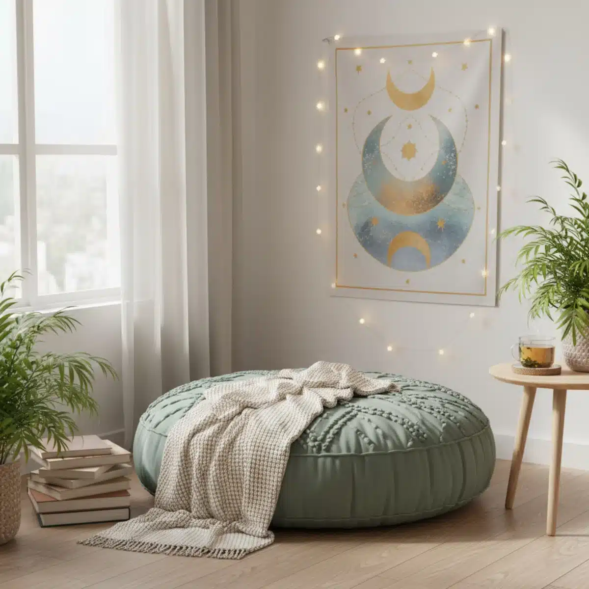 Rincón de meditación con cojines y tapiz de SHEIN