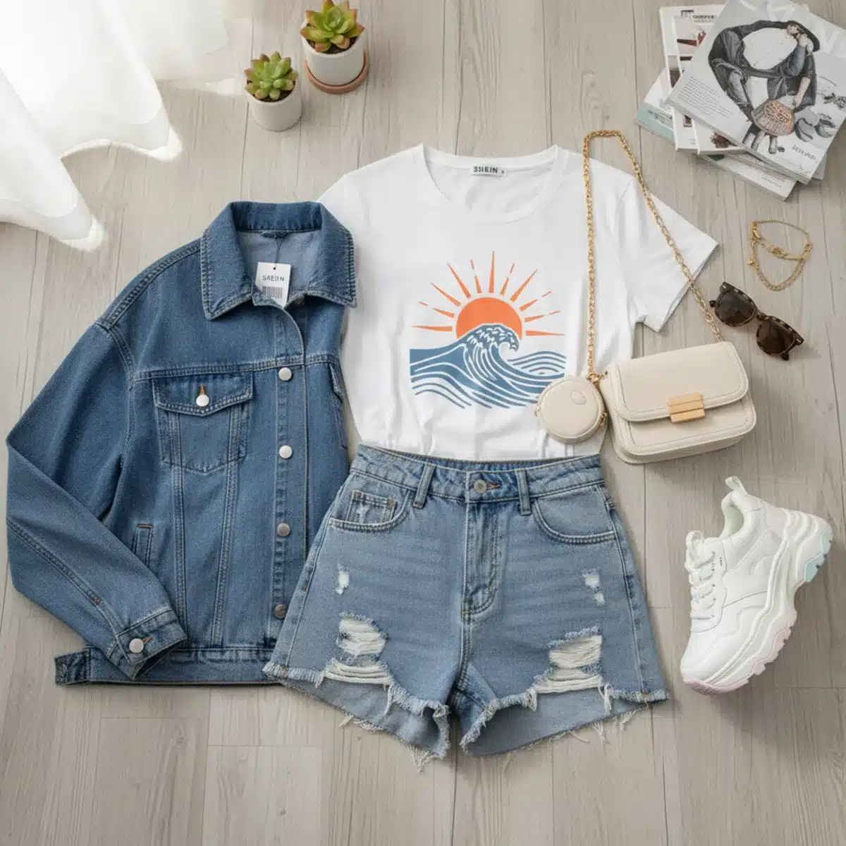 Disposición de prendas y accesorios de SHEIN para un look casual: camiseta gráfica, shorts de talle alto, chaqueta vaquera, zapatillas y bolso bandolera.