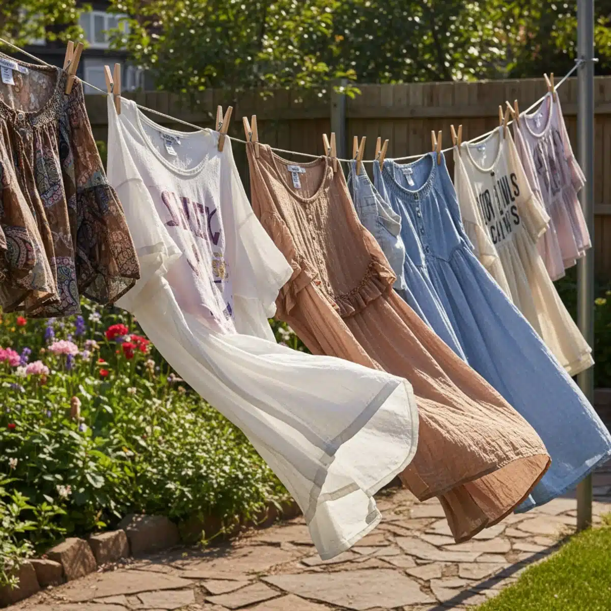 Ropa de SHEIN secándose al aire libre en un tendedero, método ideal para evitar el encogimiento y el daño por calor.