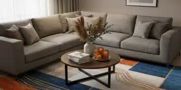 Salón moderno con una alfombra SHEIN estampada, sofá y mesa de centro, iluminado cálidamente.