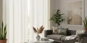 Salón moderno con cortinas de SHEIN, luz natural filtrándose suavemente.