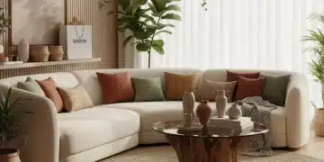 Salón moderno con tendencias de decoración 2025, muebles sostenibles y acentos personalizados.