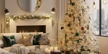 Salón acogedor decorado con novedades de decoración navideña de SHEIN para 2025, incluyendo árbol de Navidad, luces y cojines festivos.